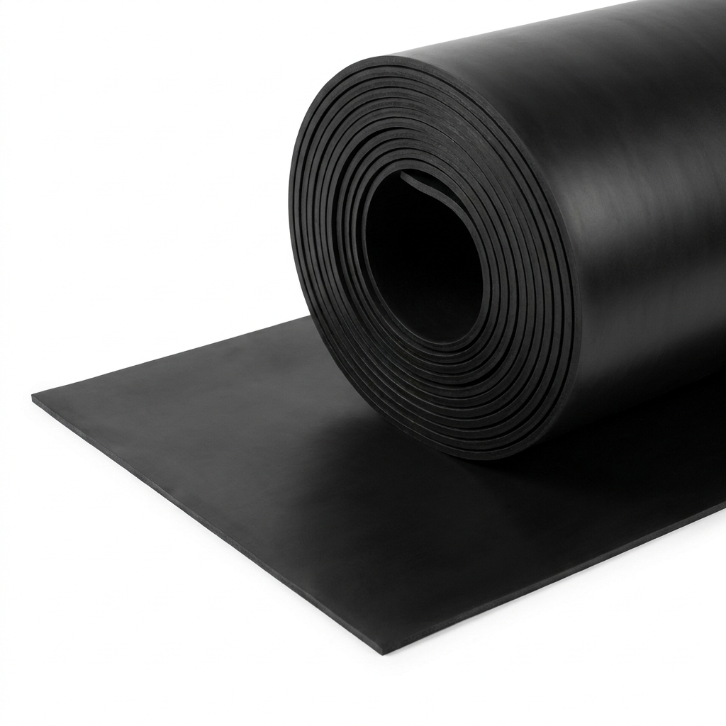 Smooth black rubber matting roll partly unrolled - heavy duty rubber flooring