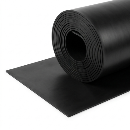 Smooth black rubber matting roll partly unrolled - heavy duty rubber flooring
