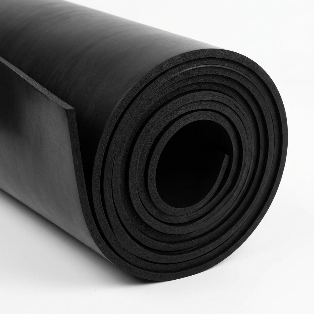 Close-up of smooth black rubber matting roll coil and cut edge showing thickness