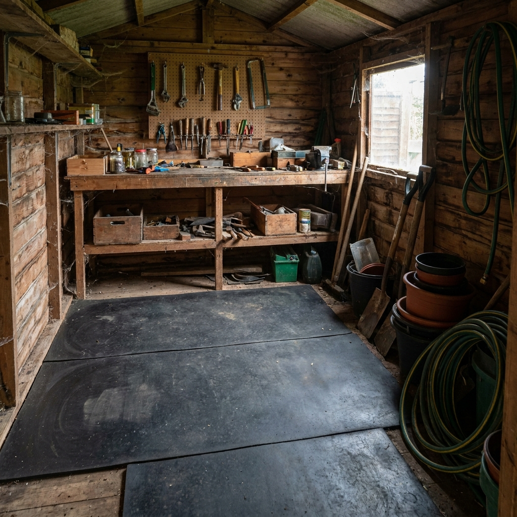 Smooth rubber matting laid across a shed floor with workbench