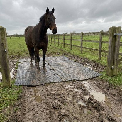 Rubber grass mats laid across a muddy field gateway for horses