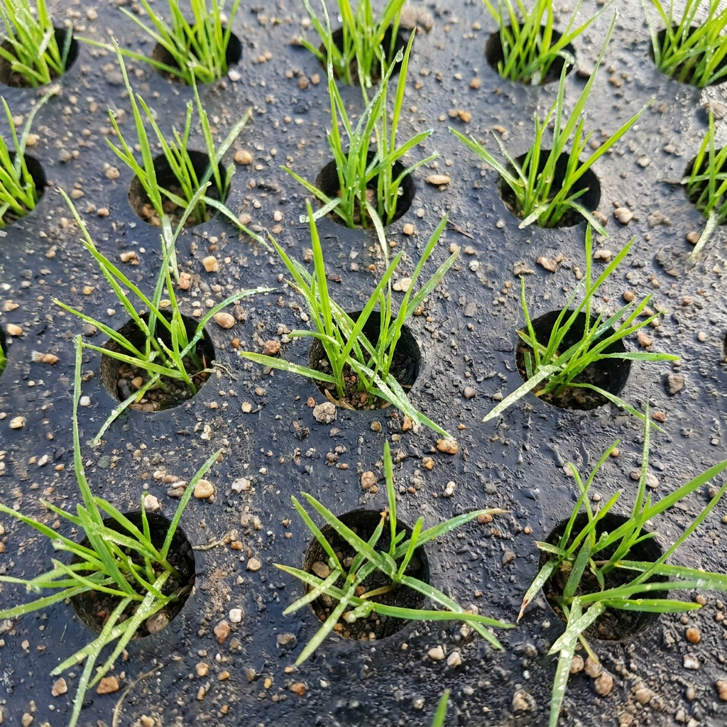 Grass growing through rubber grass protection mats on a lawn