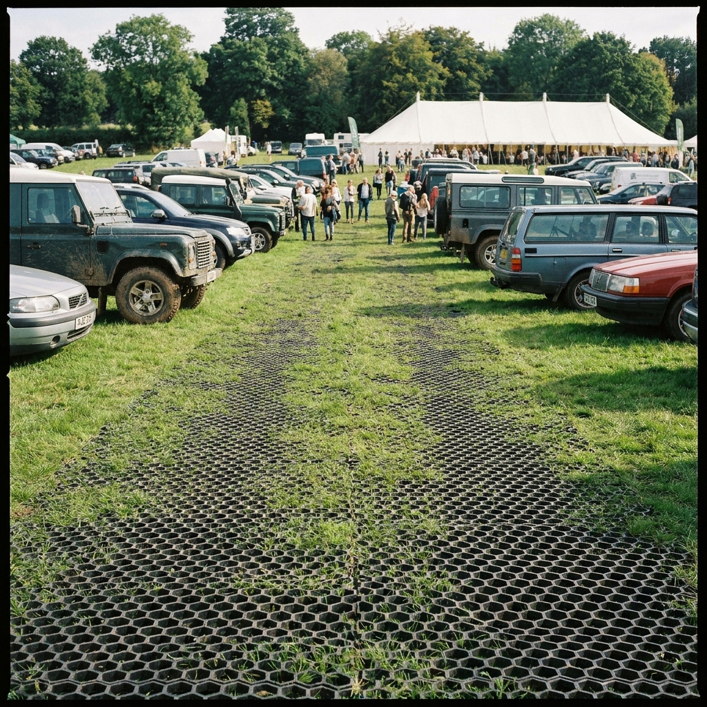 Cars parked on grass over rubber grass protection mats at an event