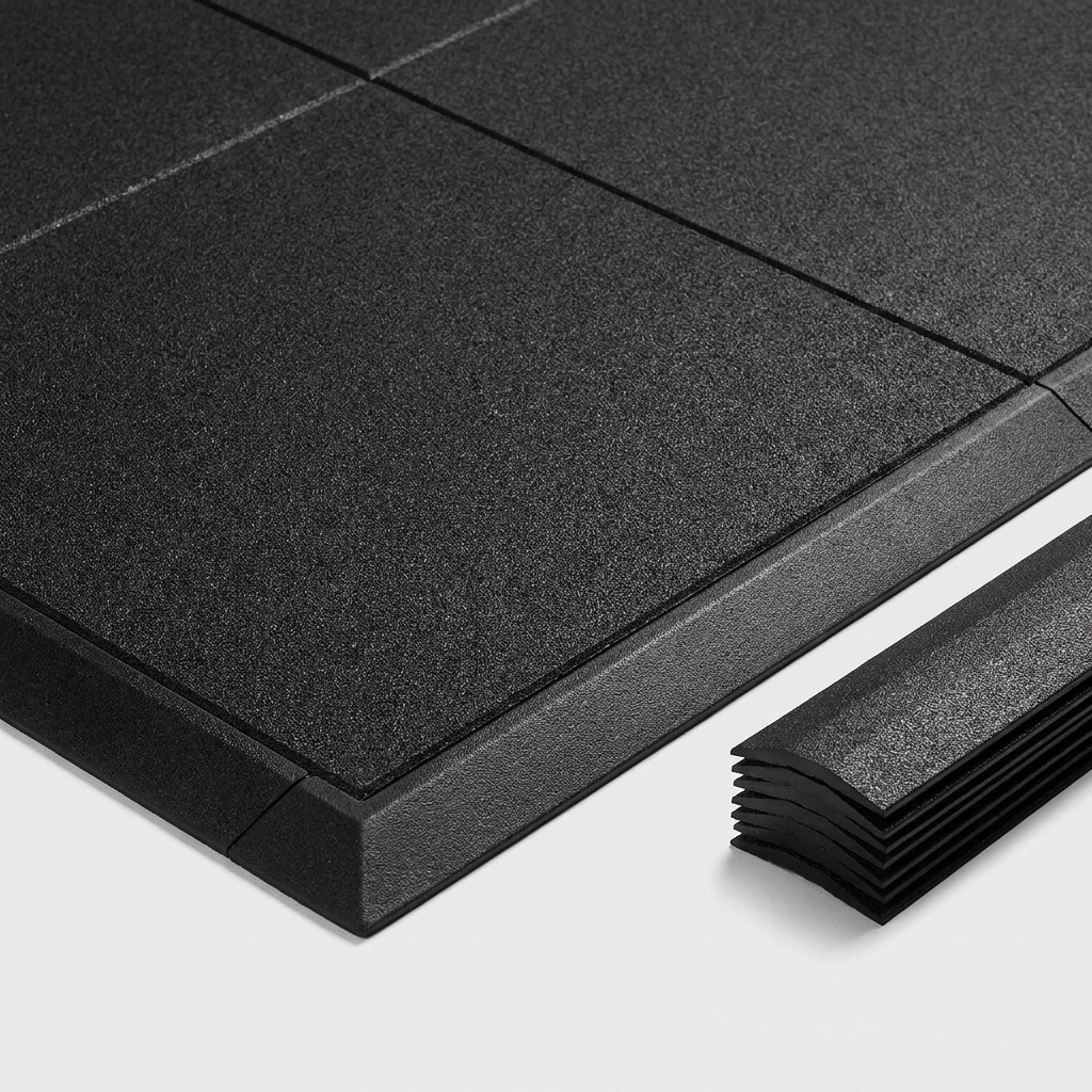 Interlocking non-trip bevelled edge finishing strip on rubber gym floor tiles