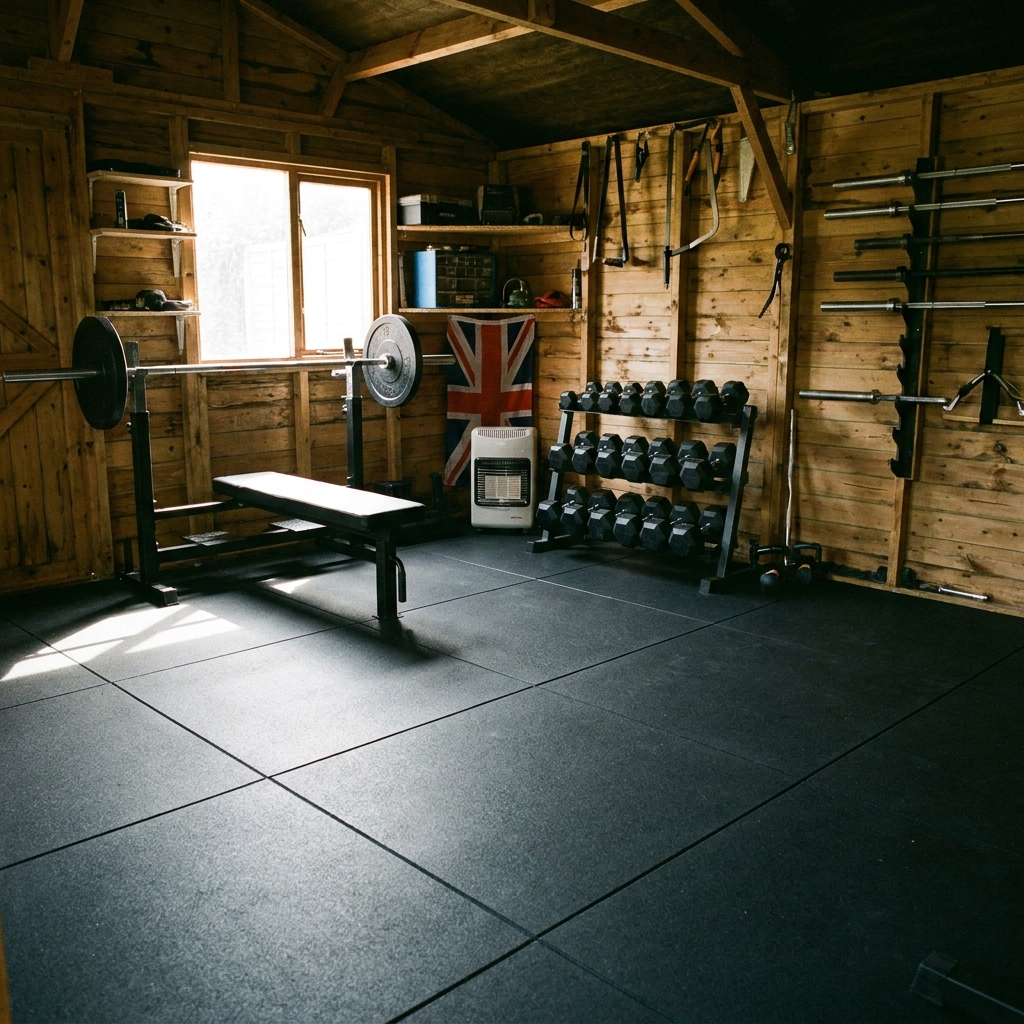 Rubber gym floor tiles in a shed gym with bench and dumbbells