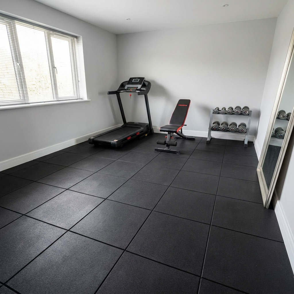 Rubber gym floor tiles in a spare-room home gym with treadmill and bench