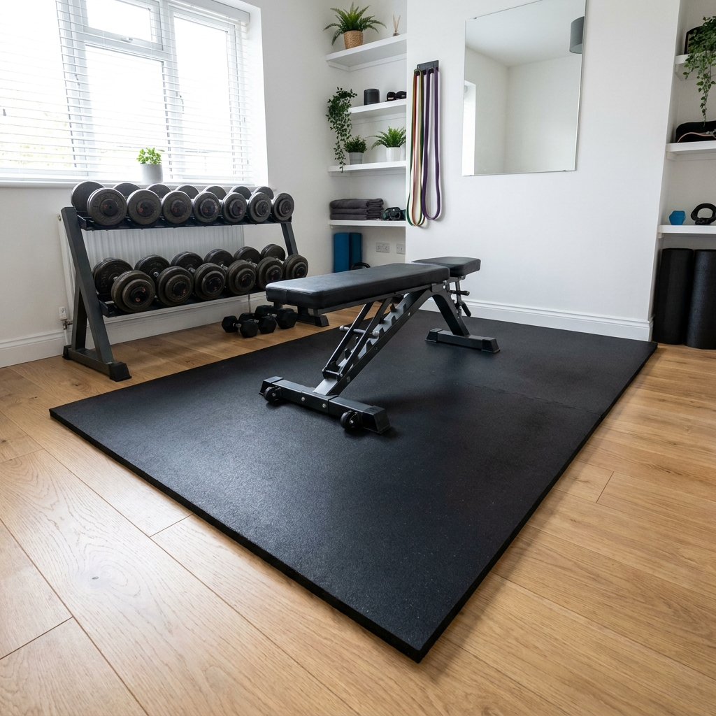 Large rubber gym mat under a bench and dumbbells in a spare-room home gym