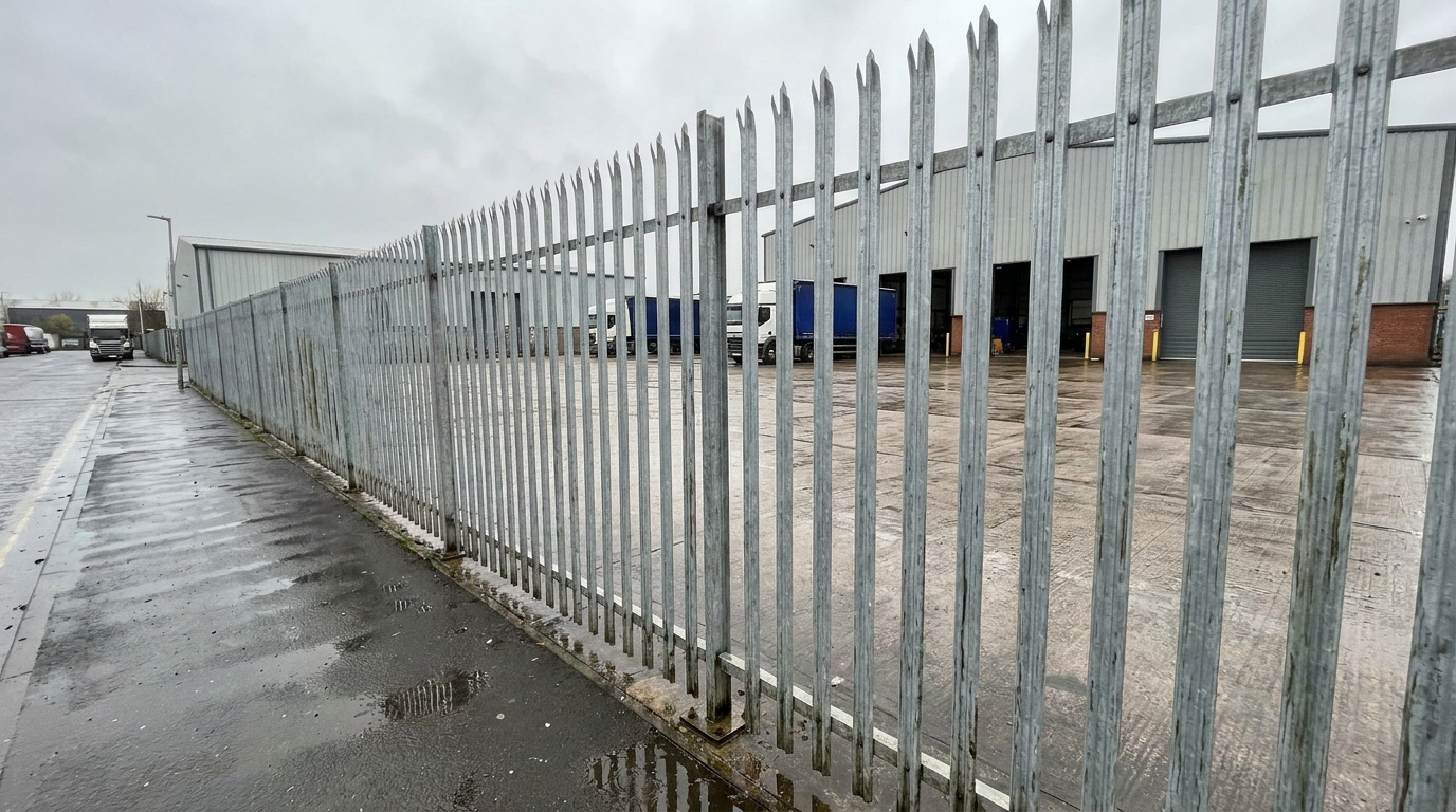 Galvanised steel palisade security fencing along a UK industrial estate perimeter