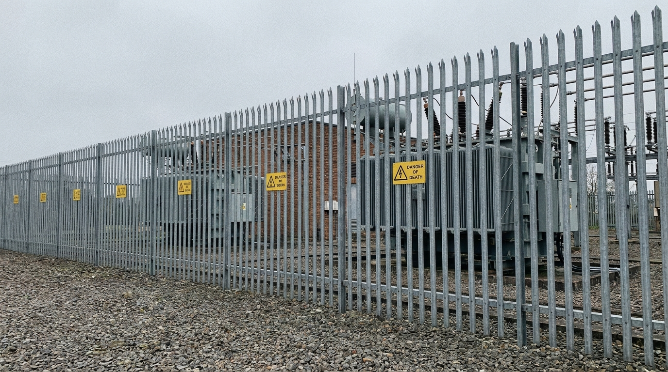 3.0m galvanised palisade security fencing around a UK electricity substation