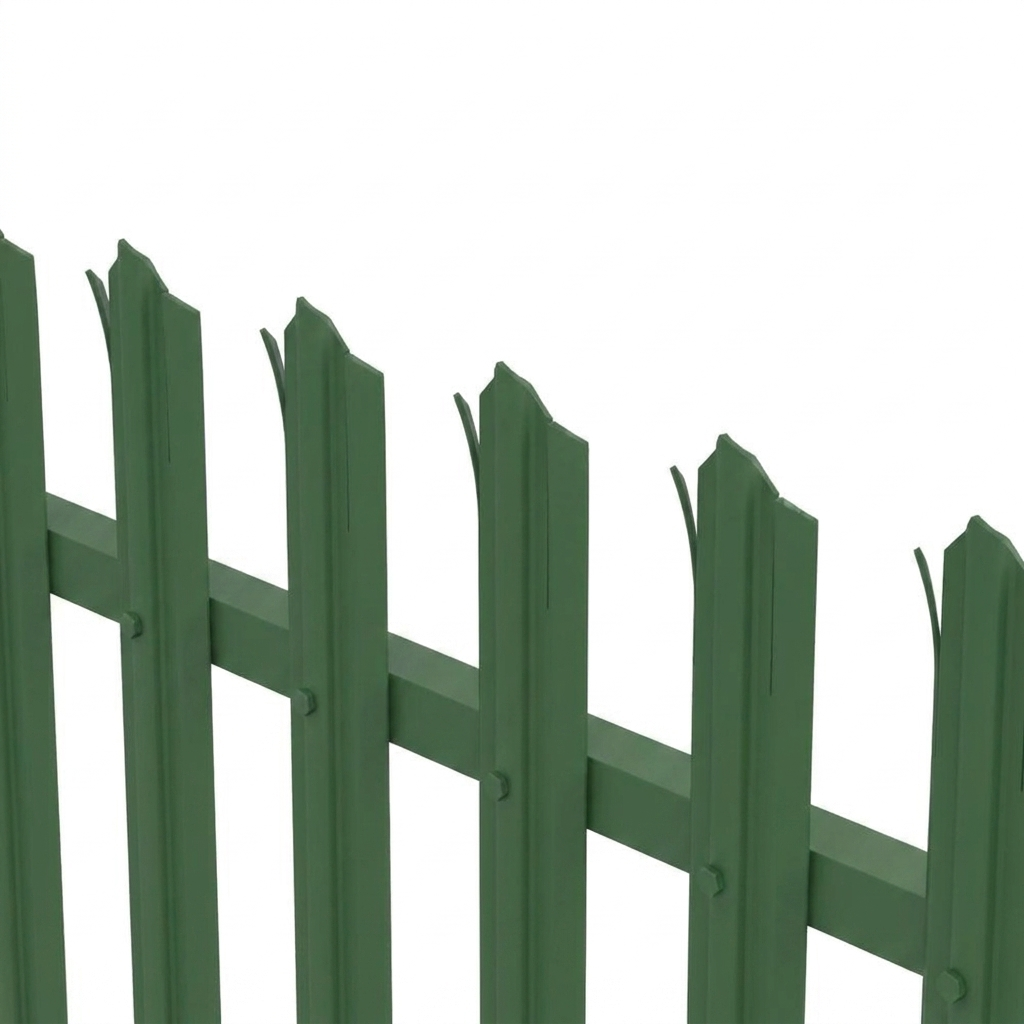 Green powder-coated palisade fencing 2.75m run, RAL 6005 moss green, triple-point pales
