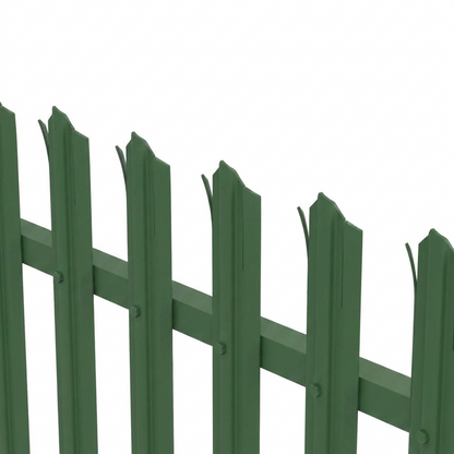 Green powder-coated palisade fencing 2.75m run, RAL 6005 moss green, triple-point pales