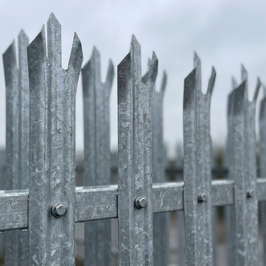 Close-up of galvanised steel palisade triple-point pale heads and security bolt fixings