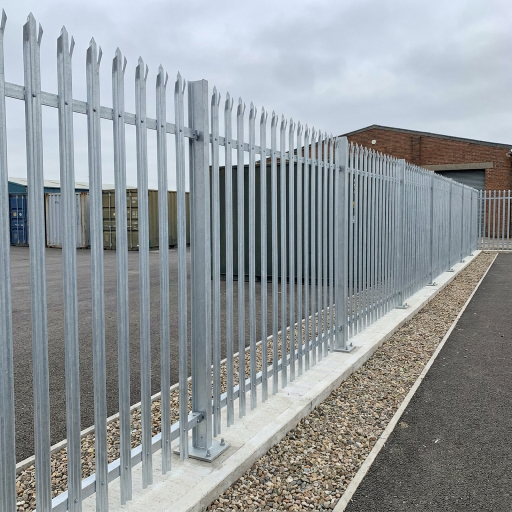 Newly installed galvanised steel palisade security fence on a UK commercial yard boundary