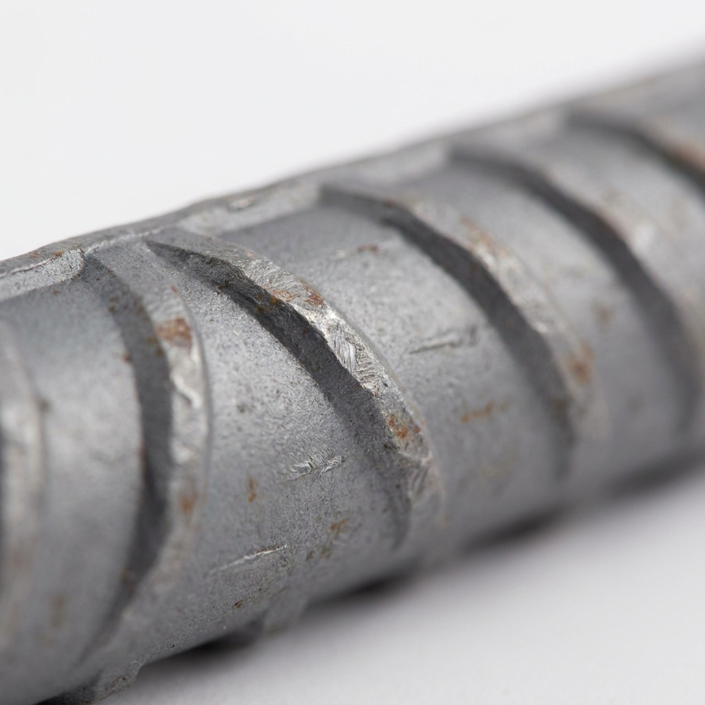 Close-up of ribbed steel rebar surface B500B deformation pattern