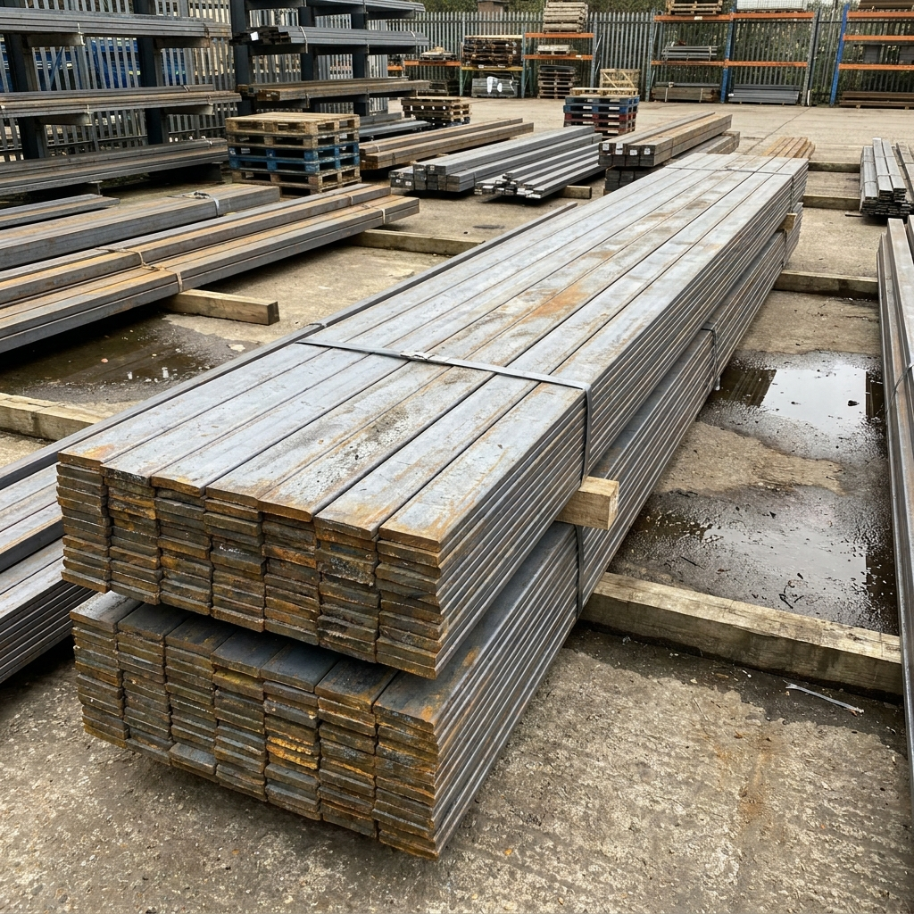 Stack of mild steel flat bar 6m lengths in a UK steel yard