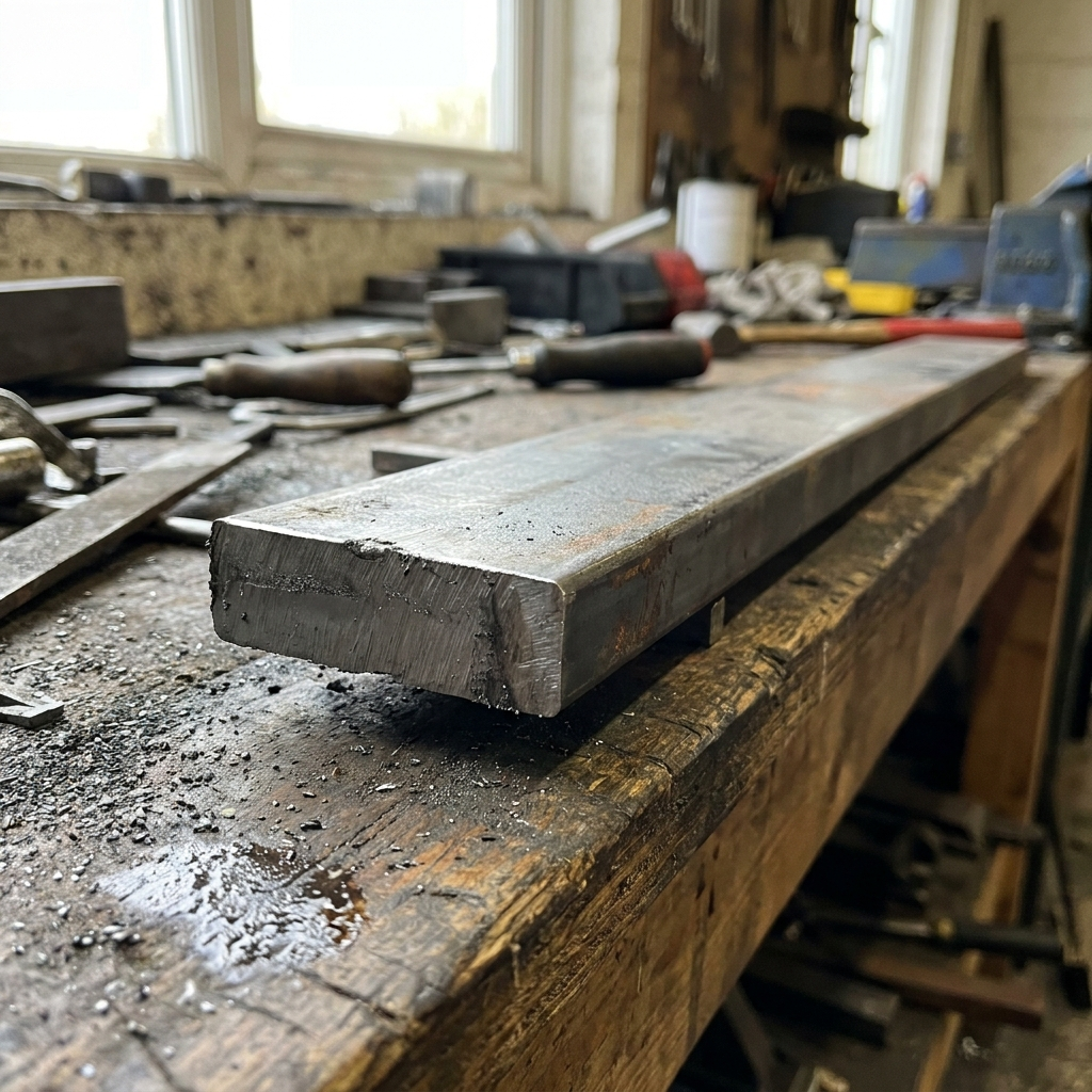 Close-up of mild steel flat bar cut end and solid rectangular section