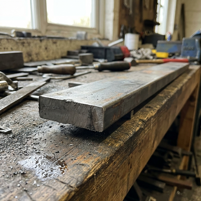Close-up of mild steel flat bar cut end and solid rectangular section