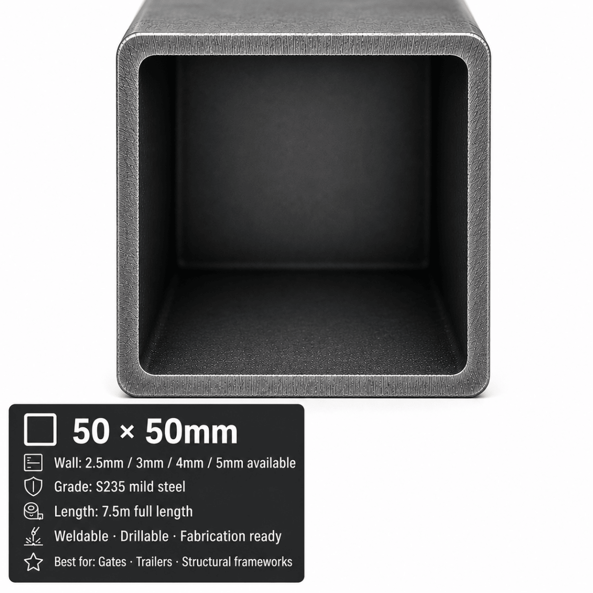 Mild Steel Box Section – S235 Square Hollow Section SHS, 7.5m Lengths & Cut to Size, Steel Square Tube for Frames, Gates & Fabrication - Rackerman