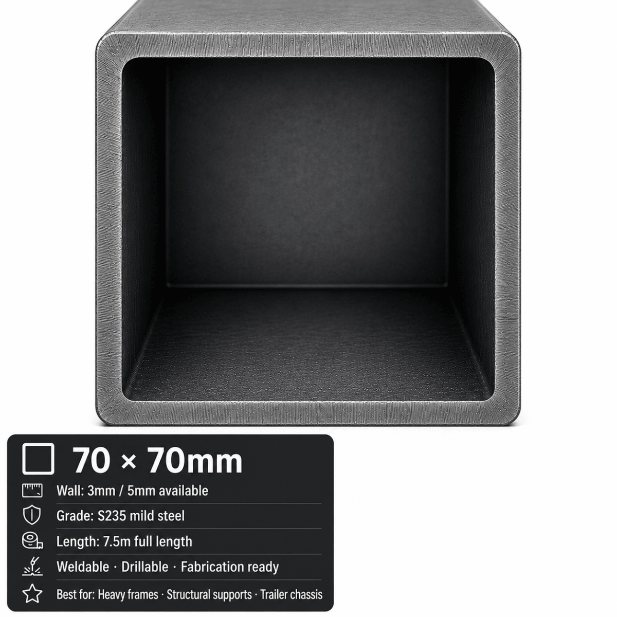 Mild Steel Box Section – S235 Square Hollow Section SHS, 7.5m Lengths & Cut to Size, Steel Square Tube for Frames, Gates & Fabrication - Rackerman