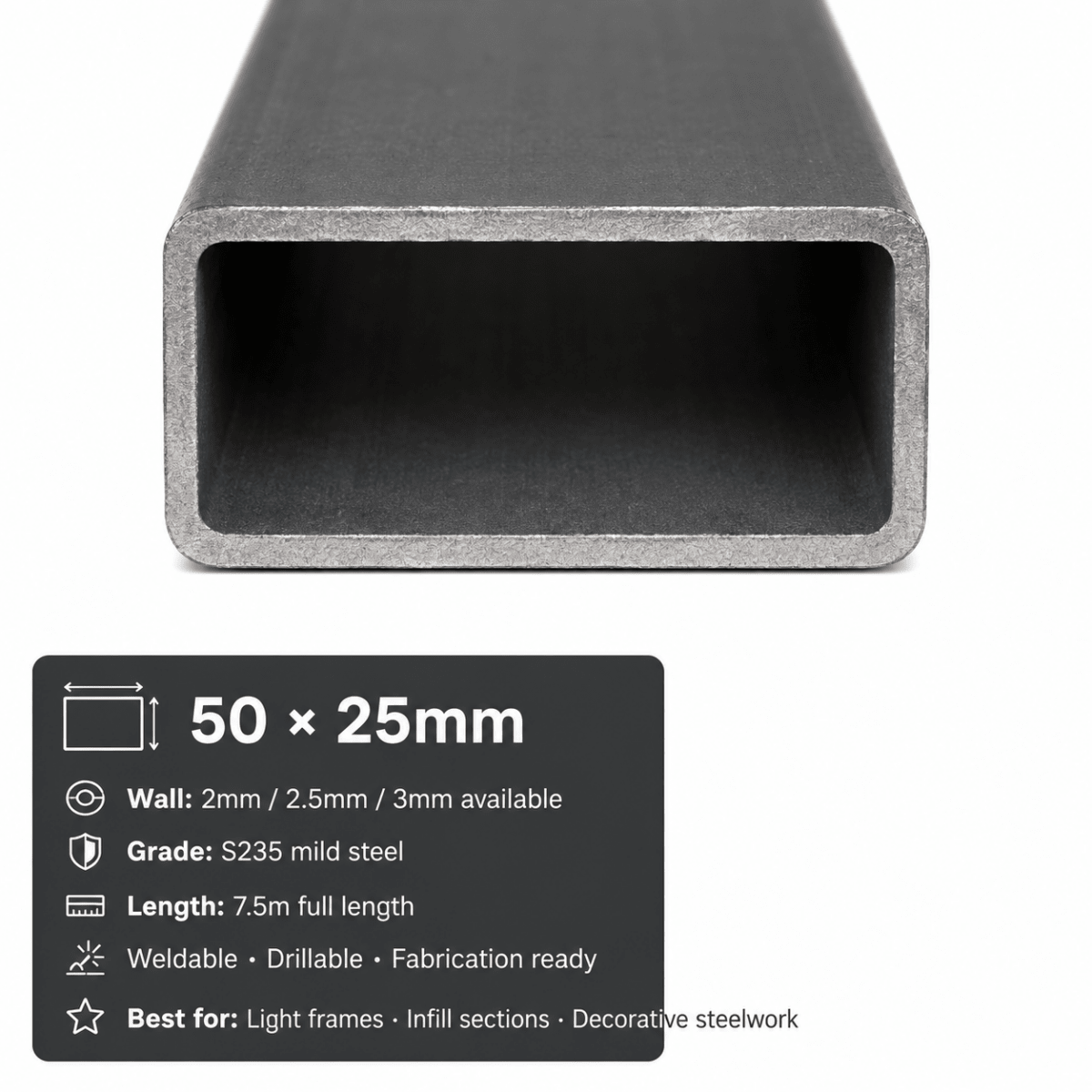 Mild steel rectangular hollow section cut end showing unequal sides