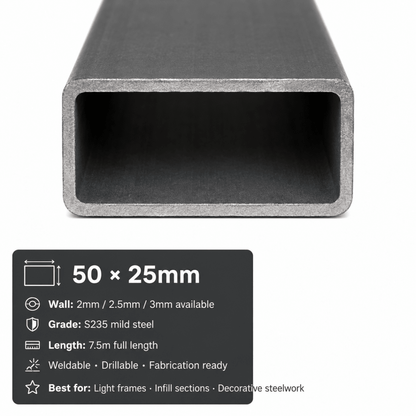 Mild steel rectangular hollow section cut end showing unequal sides