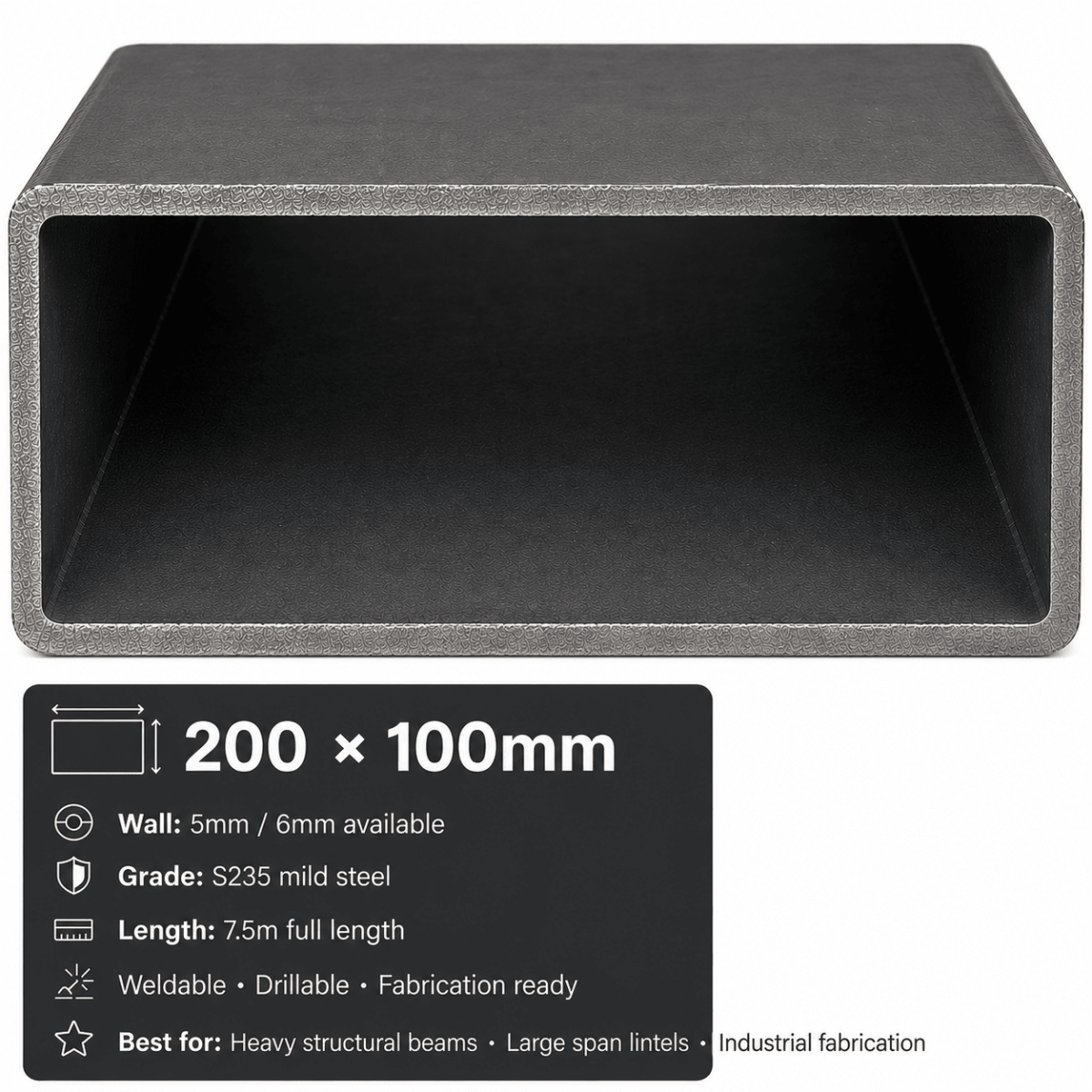Mild steel RHS 7.5m S235 rectangular box section end profile