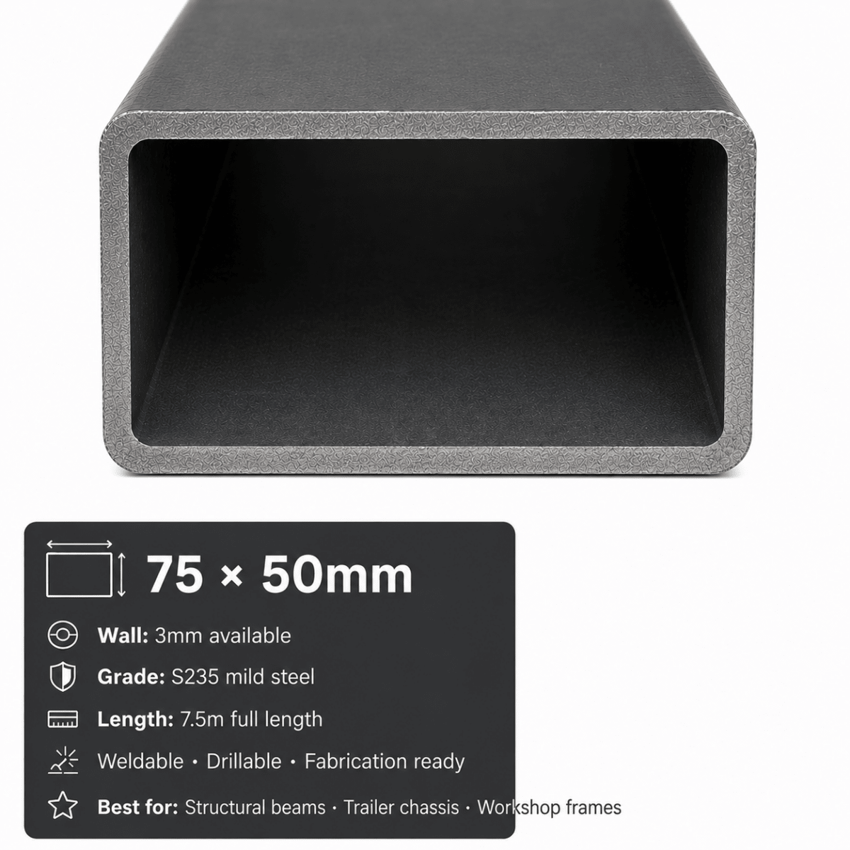 Mild steel rectangular hollow section used as a structural beam