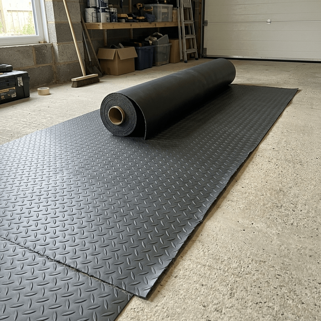 PVC Rubber Garage Flooring – 2m Wide Graphite Grey Roll, Coin & Checker Plate, 2.5mm, Cut to Length, Non-Slip Garage & Workshop Matting - Rackerman