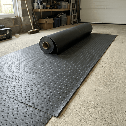 PVC Rubber Garage Flooring – 2m Wide Graphite Grey Roll, Coin & Checker Plate, 2.5mm, Cut to Length, Non-Slip Garage & Workshop Matting - Rackerman