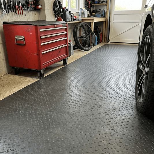 PVC Rubber Garage Flooring – 2m Wide Graphite Grey Roll, Coin & Checker Plate, 2.5mm, Cut to Length, Non-Slip Garage & Workshop Matting - Rackerman