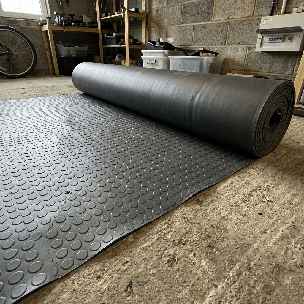 PVC Rubber Garage Flooring – 2m Wide Graphite Grey Roll, Coin & Checker Plate, 2.5mm, Cut to Length, Non-Slip Garage & Workshop Matting - Rackerman