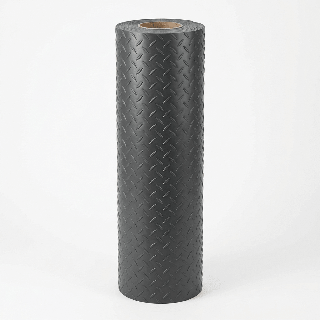 PVC Rubber Garage Flooring – 2m Wide Graphite Grey Roll, Coin & Checker Plate, 2.5mm, Cut to Length, Non-Slip Garage & Workshop Matting - Rackerman