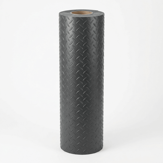 PVC Rubber Garage Flooring – 2m Wide Graphite Grey Roll, Coin & Checker Plate, 2.5mm, Cut to Length, Non-Slip Garage & Workshop Matting - Rackerman