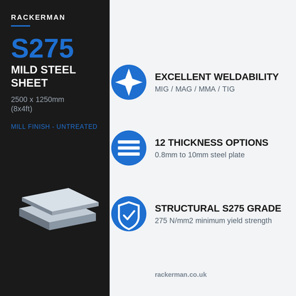 S275 mild steel sheet 8x4 specifications - structural grade, MIG MAG MMA TIG weldability, 12 thicknesses 0.8mm to 10mm, 275 N/mm2 yield
