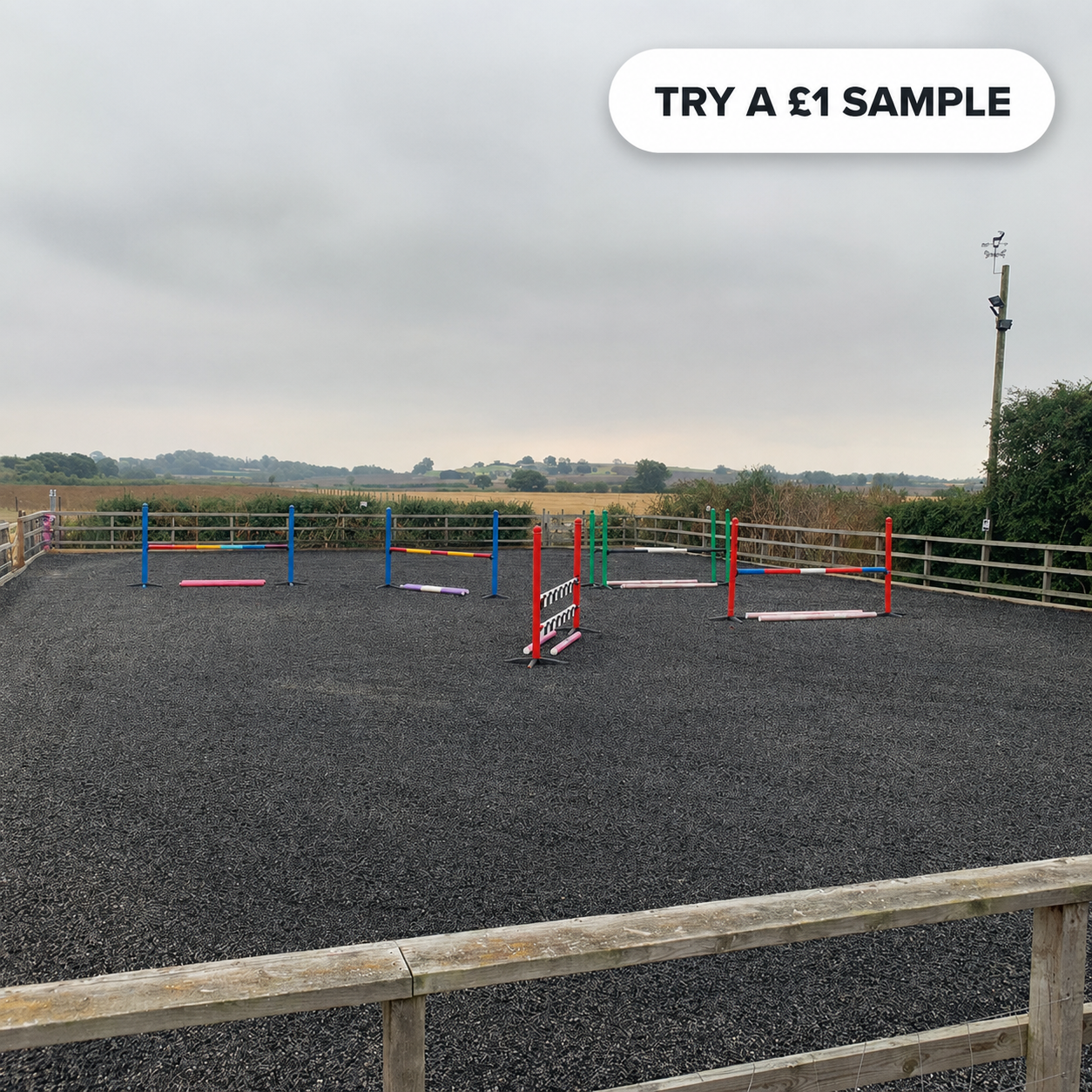 Try a £1 sample — small bag of coloured rubber chippings posted within 3-5 working days for shade confirmation before bulk order