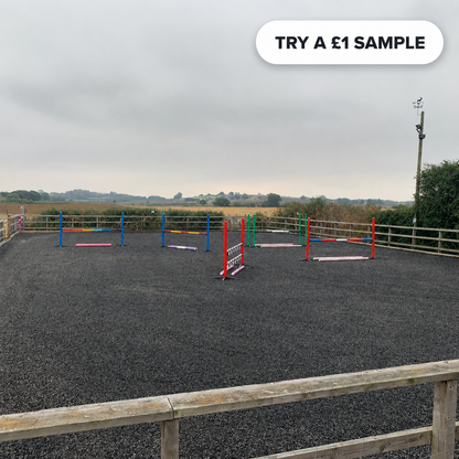 Try a £1 sample — small bag of coloured rubber chippings posted within 3-5 working days for shade confirmation before bulk order