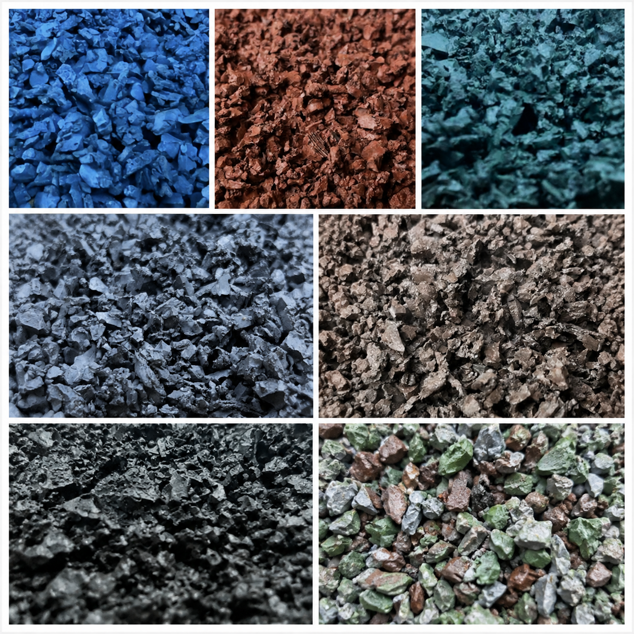 Coloured playground rubber chippings in seven shades — Summer Blue, Woodland Brown, Moss Green, Slate Grey, Onyx Black and exclusive Camo