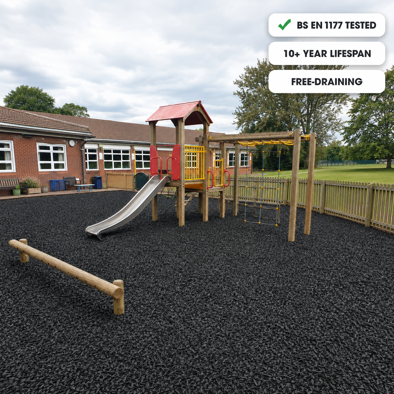Playground rubber chippings safety surface — BS EN 1177 tested for critical fall heights