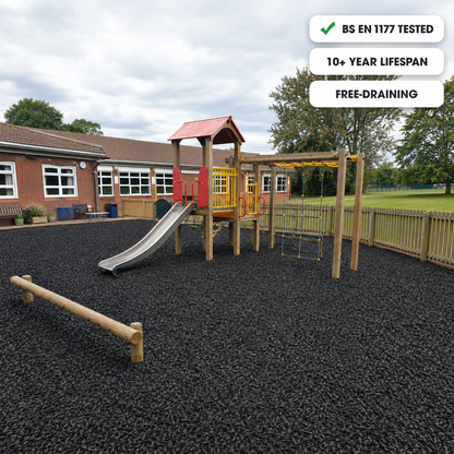 Playground rubber chippings safety surface — BS EN 1177 tested for critical fall heights