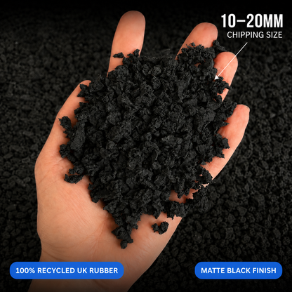 Playground rubber chippings size guide — 10mm to 20mm shredded recycled rubber pieces