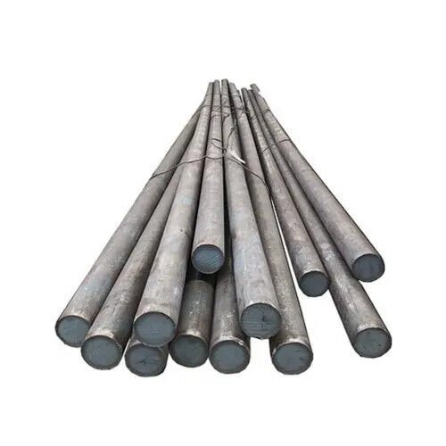 Bundle of S275 mild steel round bar 6m lengths in a UK steel yard