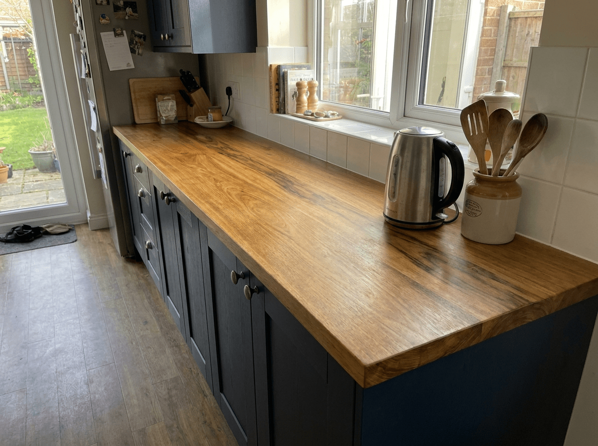 Solid Iroko Kitchen Worktop 38mm – Durable Golden Hardwood, Cut to Size - Rackerman