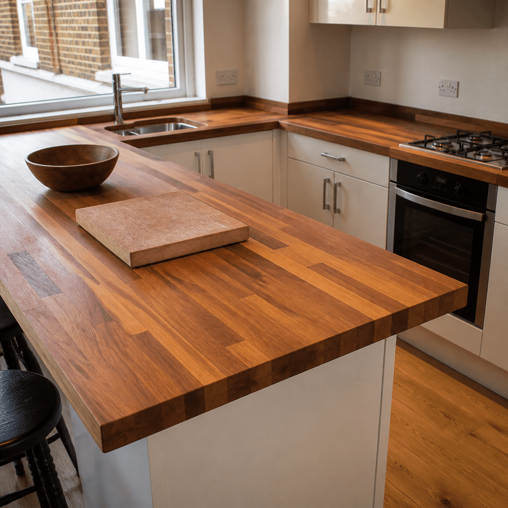 Solid Iroko Kitchen Worktop 38mm – Durable Golden Hardwood Iroko Worktop, Cut to Size, Breakfast Bar, Kitchen Island & Upstand - Rackerman