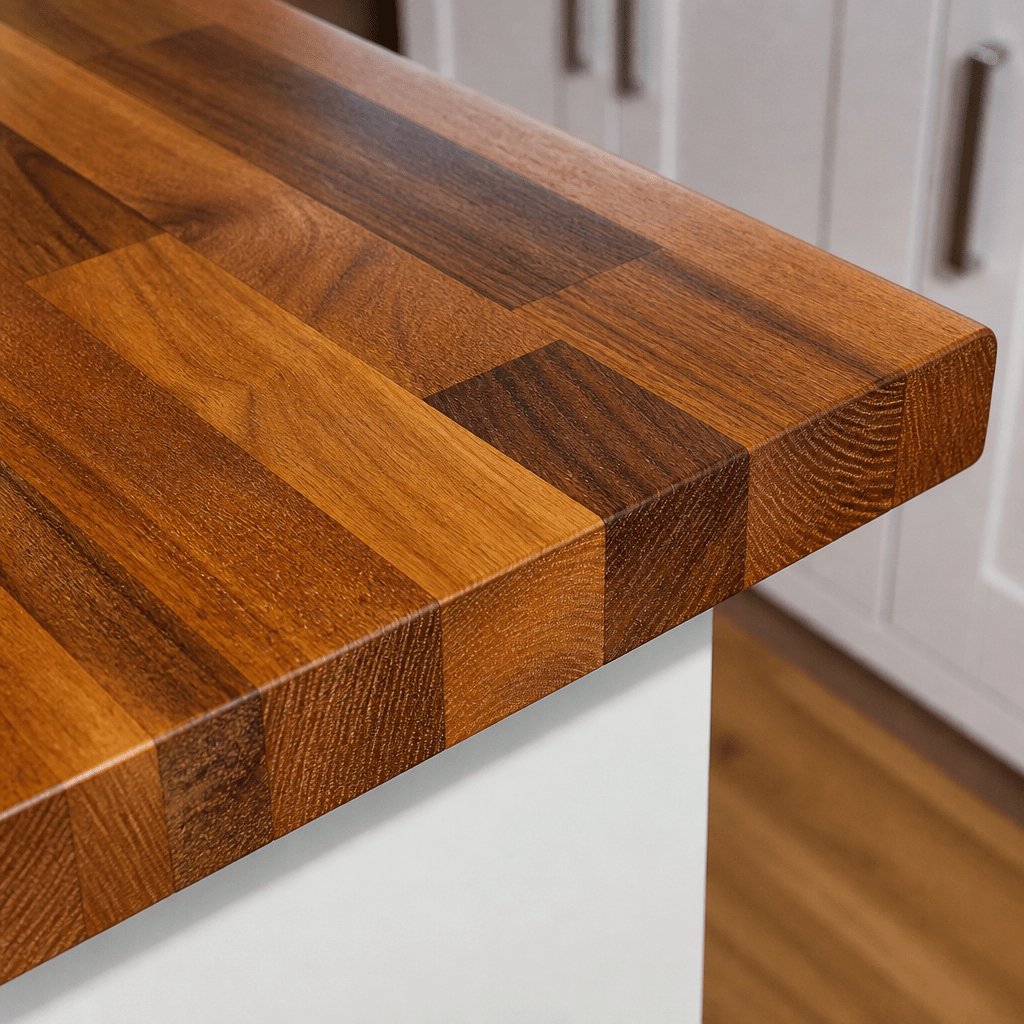 Solid Iroko Kitchen Worktop 38mm – Durable Golden Hardwood Iroko Worktop, Cut to Size, Breakfast Bar, Kitchen Island & Upstand - Rackerman