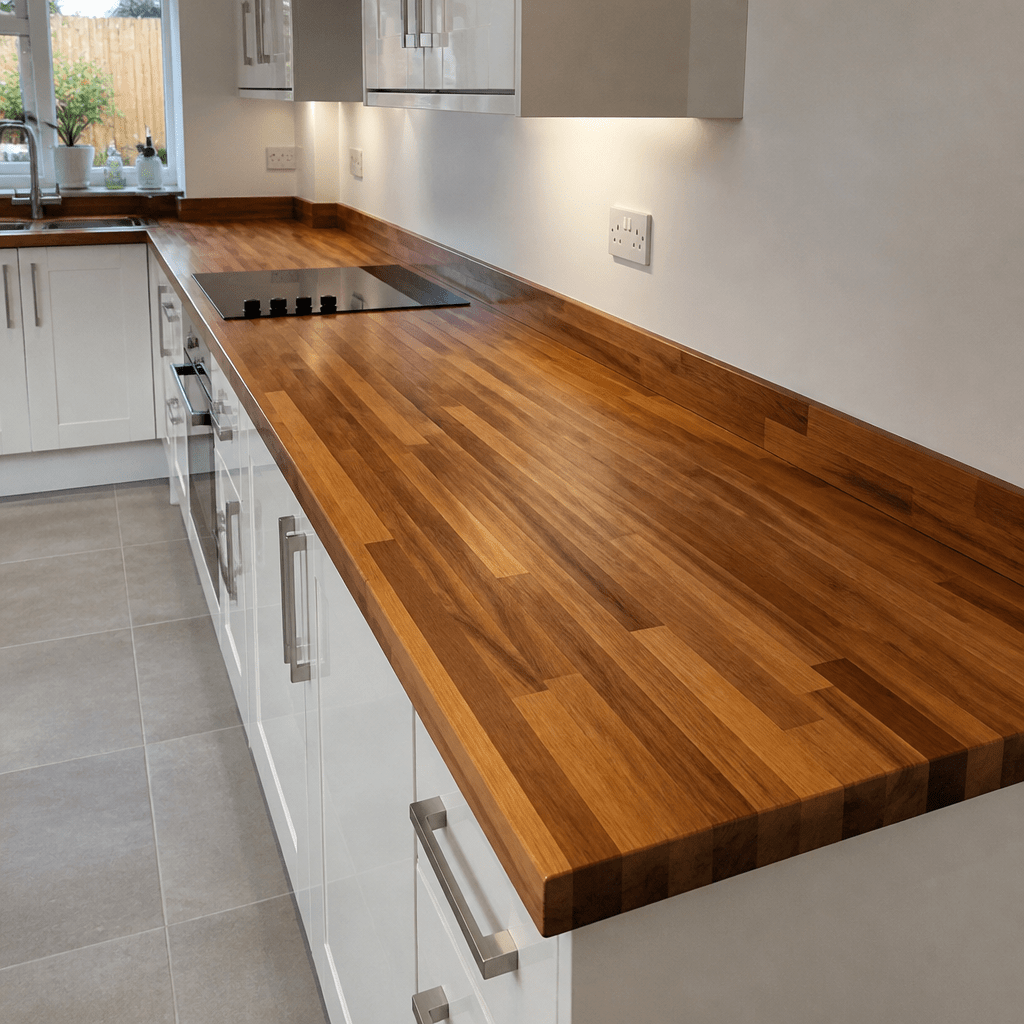 Solid Iroko Kitchen Worktop 38mm – Durable Golden Hardwood Iroko Worktop, Cut to Size, Breakfast Bar, Kitchen Island & Upstand - Rackerman