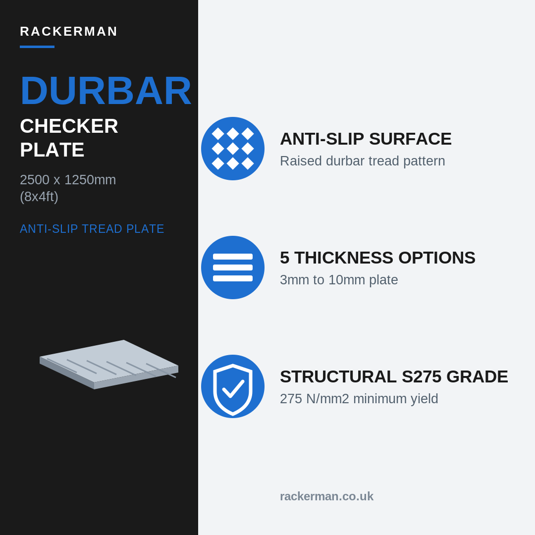 Durbar checker plate 8x4 2500 x 1250mm specifications - anti-slip, 3-10mm, S275 structural grade