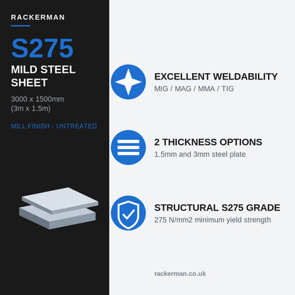 3000 x 1500mm mild steel sheet S275 specifications - weldability, 1.5mm, 3mm and 4mm, 275 N/mm2 yield