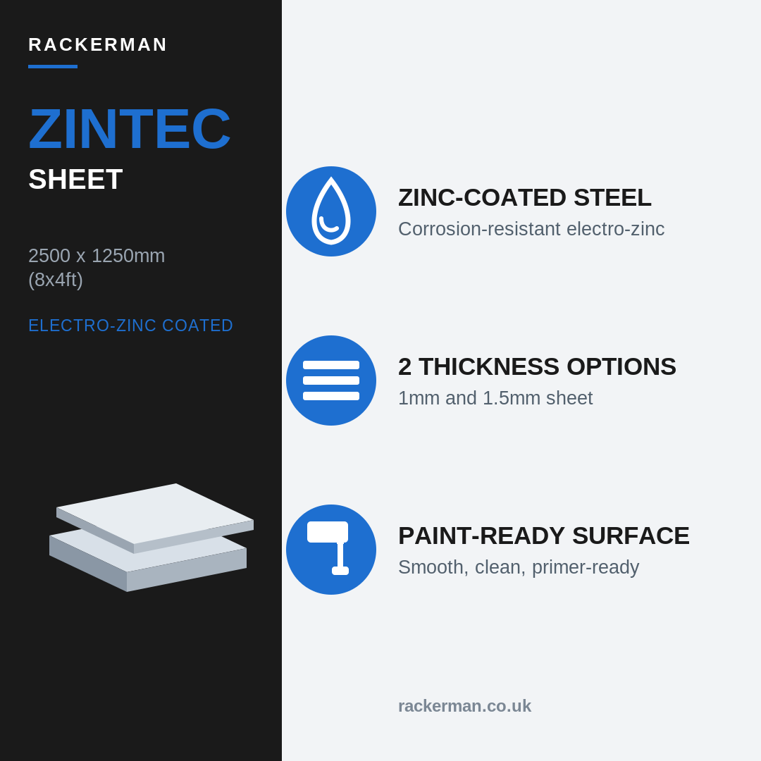 Zintec sheet 2500 x 1250mm specifications - zinc-coated, 1mm and 1.5mm, paint-ready surface