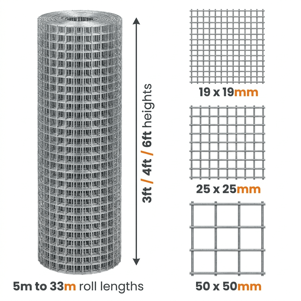 Galvanised welded wire mesh size guide - 19x19mm, 25x25mm and 50x50mm hole sizes across 3ft, 4ft and 6ft roll heights and 5m to 33m lengths