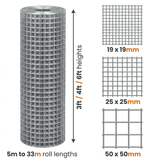 Galvanised welded wire mesh size guide - 19x19mm, 25x25mm and 50x50mm hole sizes across 3ft, 4ft and 6ft roll heights and 5m to 33m lengths